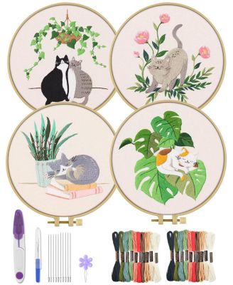 4 Sets Embroidery Kit Animal Cross Cloth Hoops Threads Craft Hand