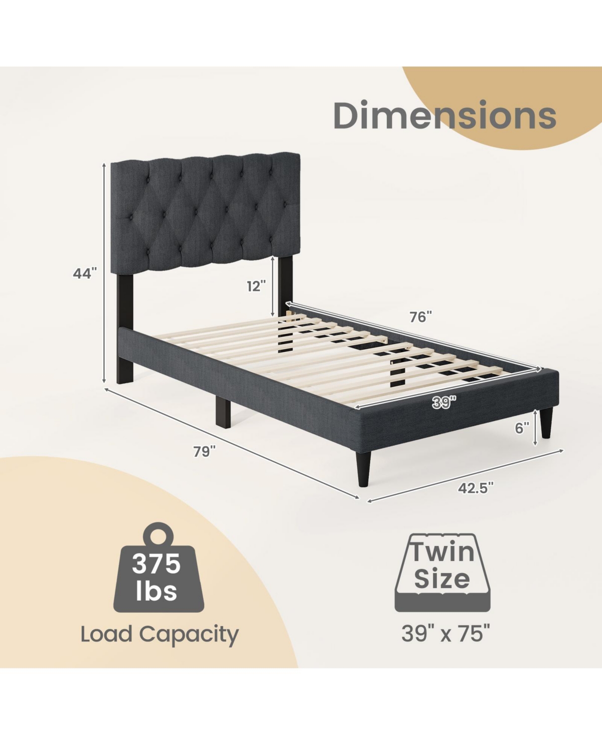 Slickblue Platform Bed Frame with Upholstered Tufted Headboard and Slats