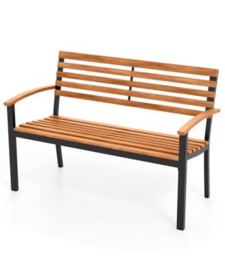 47-Inch Outdoor Bench Acacia Wood Patio Loveseat with Backrest Armrests