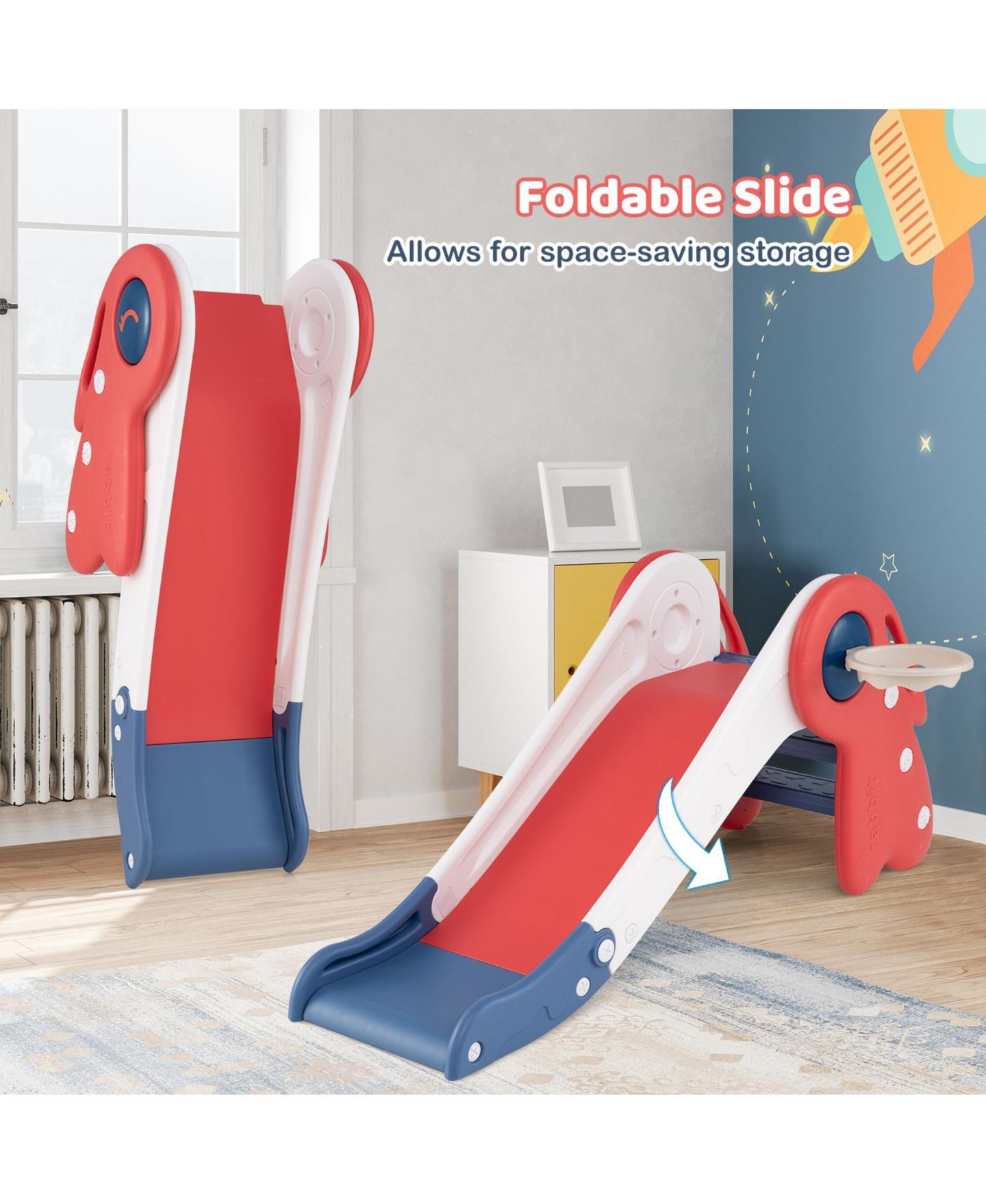 Детские игрушки Mecale 3-in-1 Toddler Slide and Climber Set with Basketball Hoop and Ball, цвет: Красный — фото 9