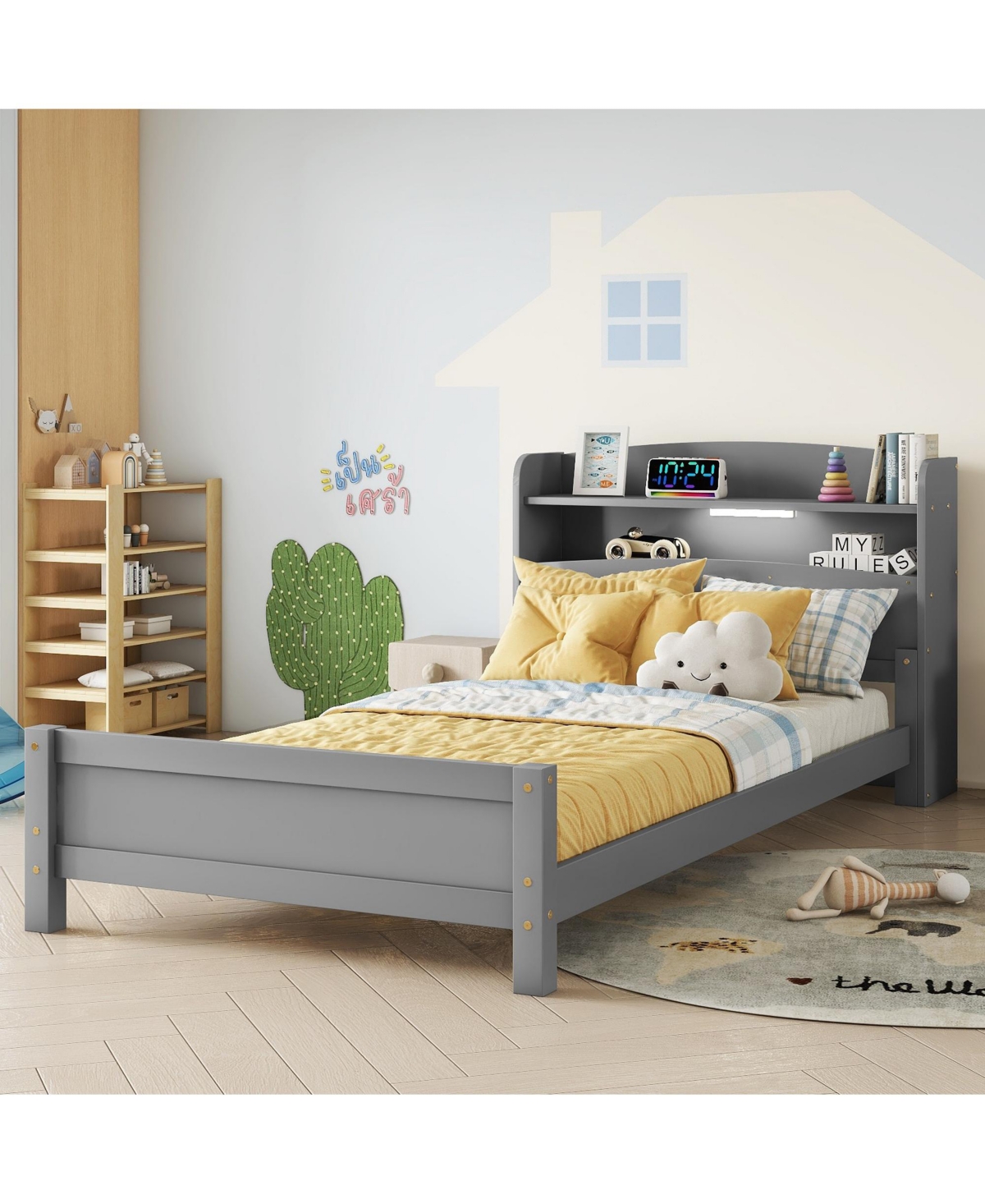 Sailvan Twin Pine Wood Bed with Bookcase Headboard ,Led Motion Sensor Light, Guardrails