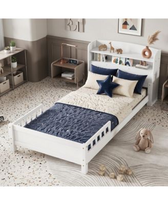 Twin Pine Wood Bed with  Bookcase Headboard ,LED Motion Sensor Light,  Guardrails