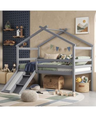 Twin Low Loft House Bed with Slide,  Ladder, Safety Guardrails, House Roof Frame