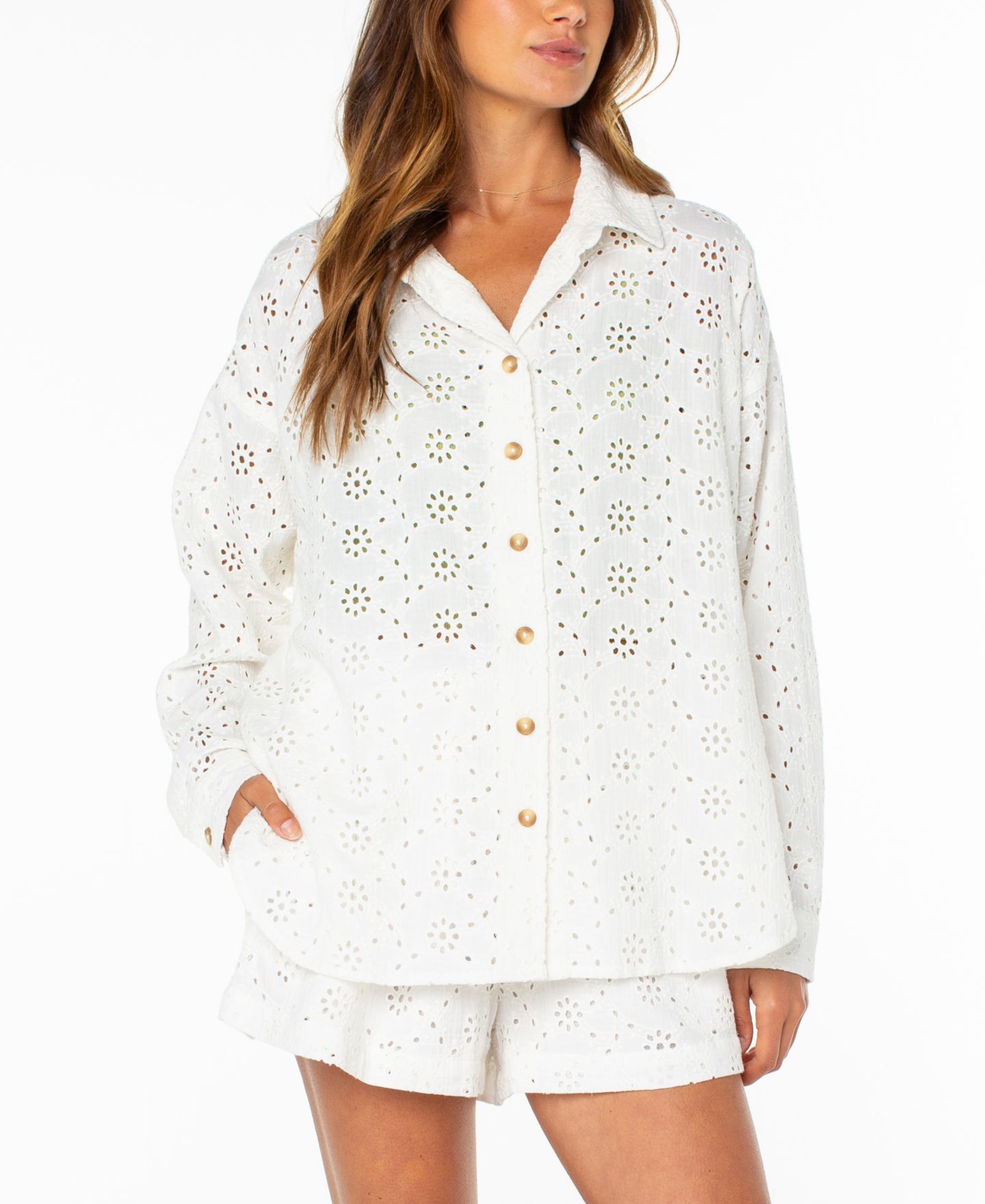 Женская рубашка Roxy Morning Time Eyelet Detail Cotton, цвет: Облачный — фото 2