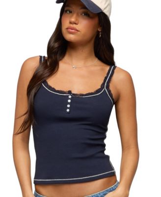 Women's Contrast Stitched Lacey Henley Top