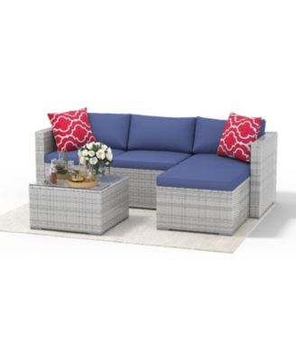 5 Piece Outdoor Convertible Sectional Set with Ottoman and Tempered Glass Table, PE Rattan Conversation Seating