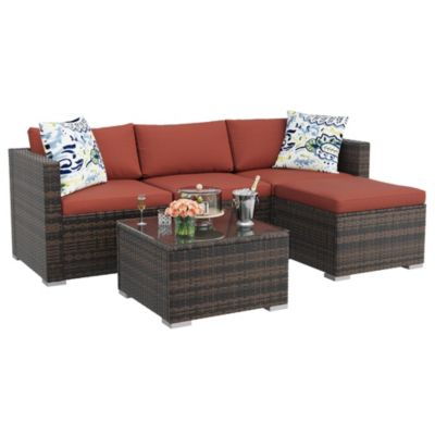 5 Piece Outdoor Convertible Sectional Set with Ottoman and Tempered Glass Table, PE Rattan Conversation Seating