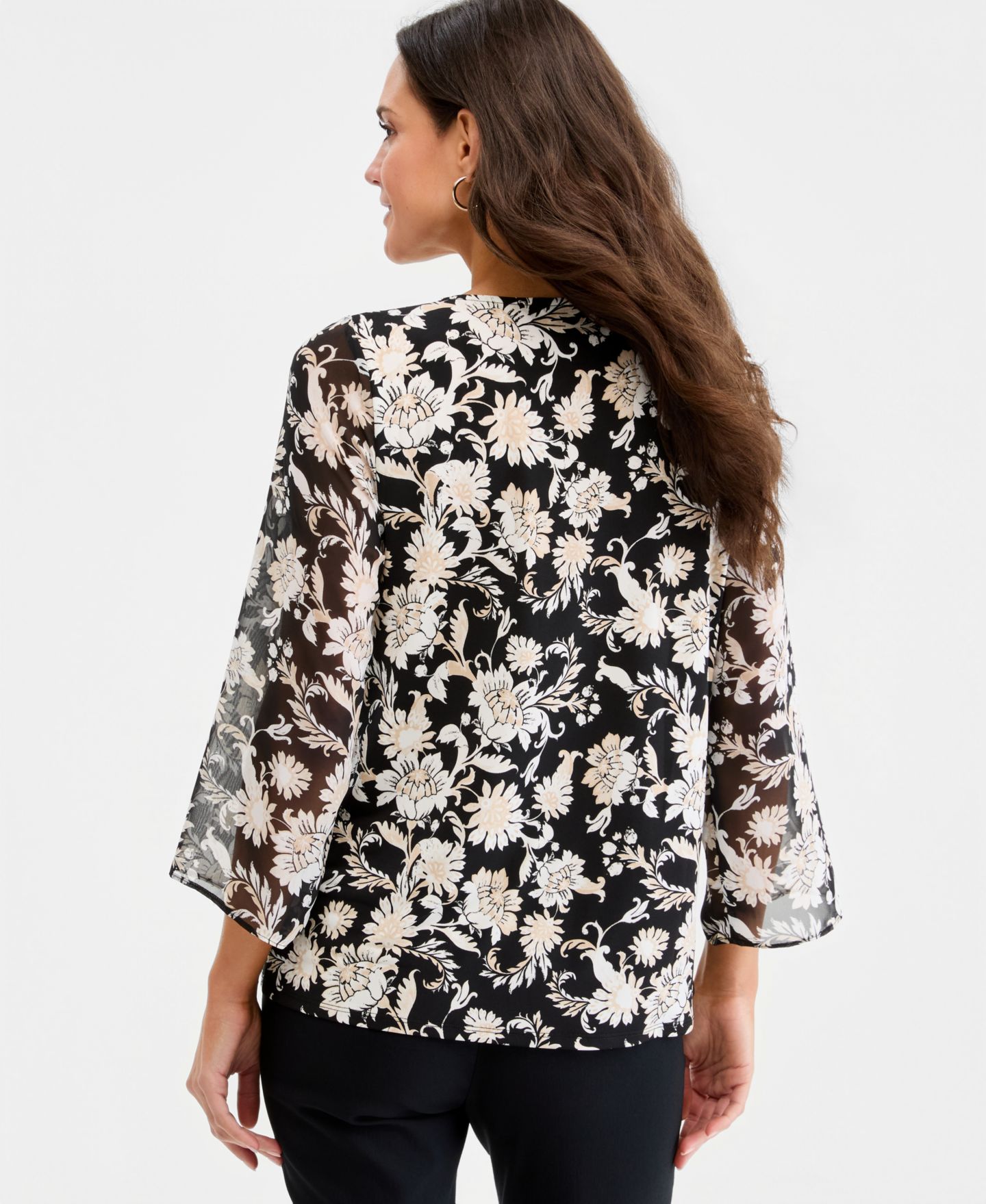 Женский топ JM Collection Printed Chiffon-Sleeve Gathered-Neck Top, цвет: Глубокий чёрный — фото 4