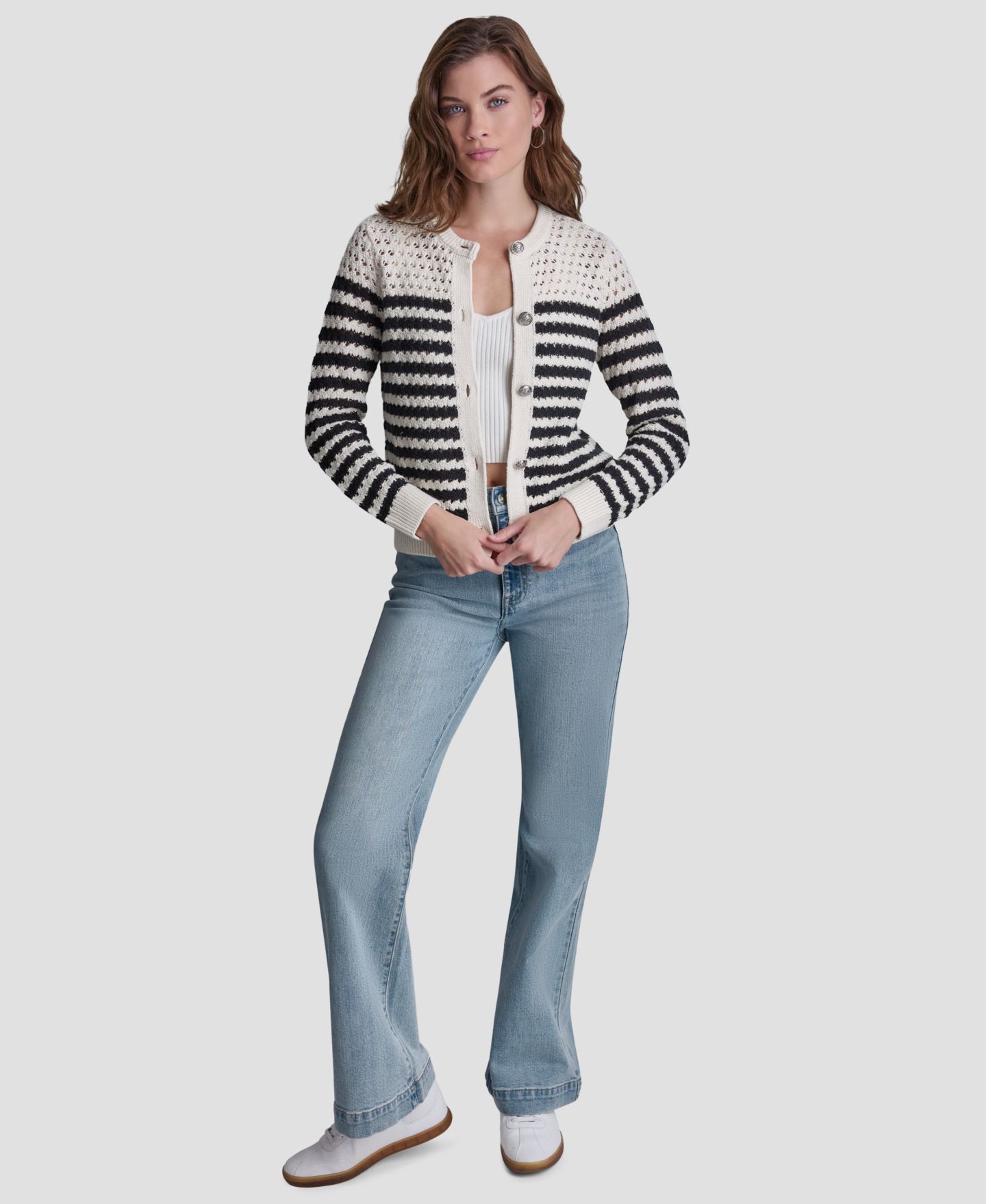 Женский кардиган DKNY Jeans Petite Long-Sleeve Stripe Pointelle Stitch, цвет: Сливочный / Чёрный — фото 2