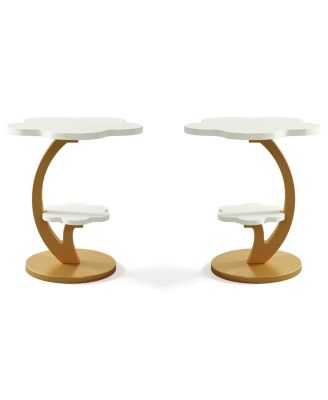 End Table Set of 2, 2-Tier Sofa Side Table, Flower Nightstand with C-Shaped Gold Frame, Modern Luxury Accent Table