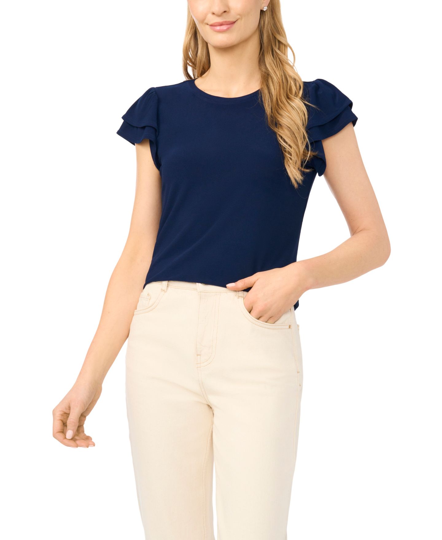 Женский топ CeCe Double Ruffle-Sleeve Crewneck, цвет: Тёмно-синий — фото 2