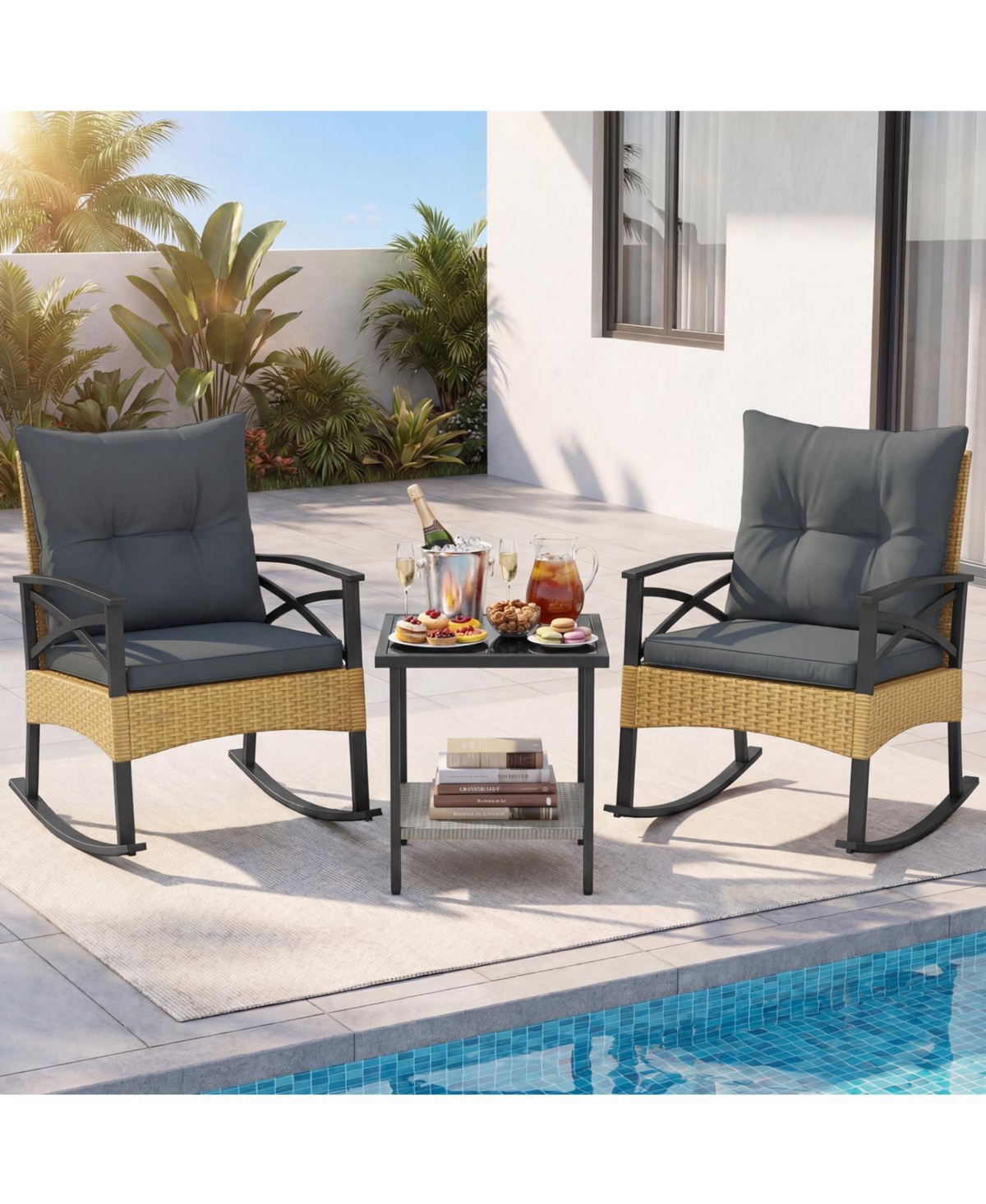 Slickblue 3 Piece Outdoor Rattan Rocking Chair Set with Side Table