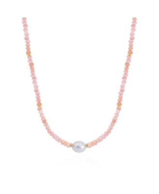 Pink Opal Bead Pearl Necklace 14K Yellow Gold