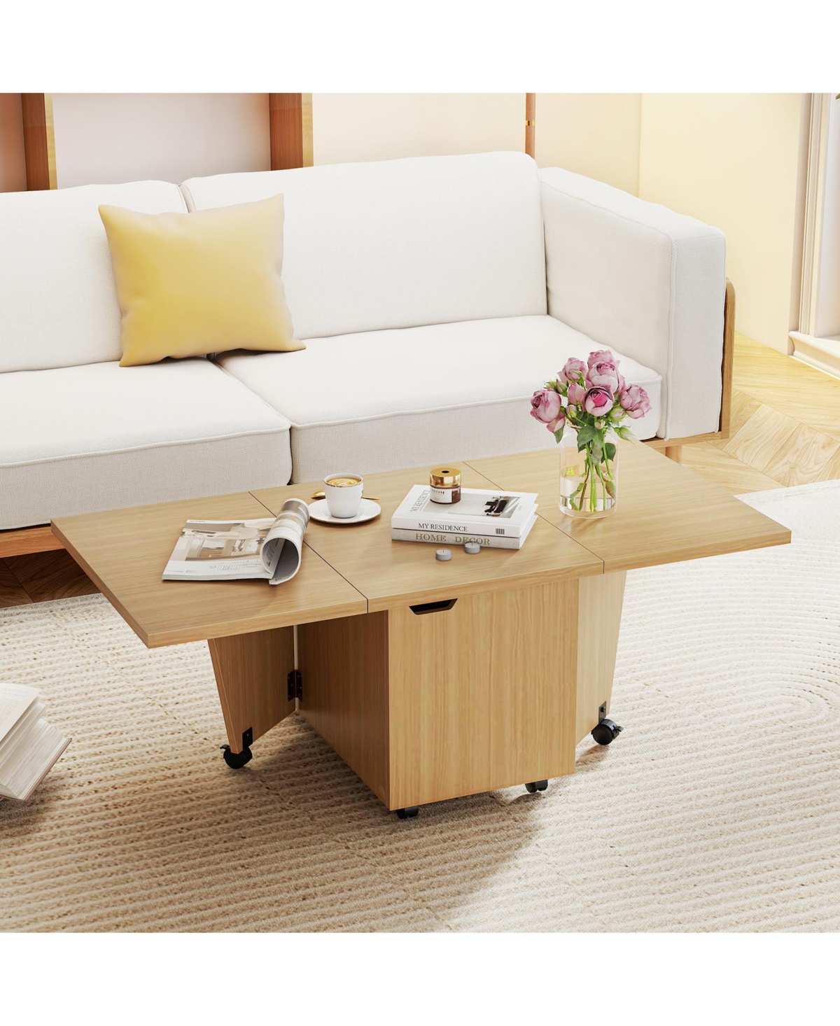 Slickblue Extendable Coffee Table with Foldable Design and Storage Cabinet for Living Room