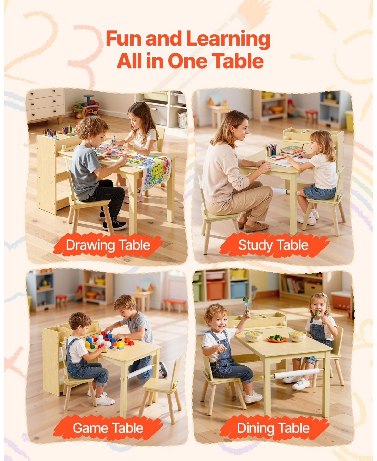 Sugift Kids Art Table and Chair Set, Wooden Craft Table with 3-Tier Storage, Light Wood