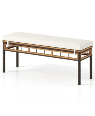 Wicker Patio Backless Dining Bench with Acacia Wood Seat