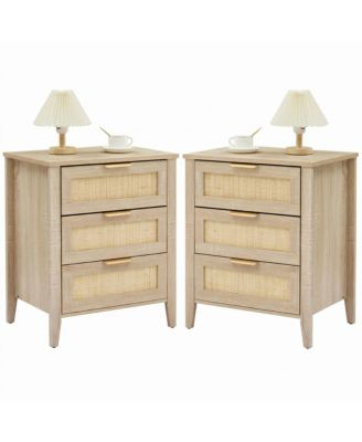Bohemian Rattan Coffee Table Set of 2 with 3 Spacious Drawers, Stable Structure Modern Storage Table for Living Room and Bedroom