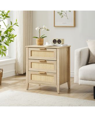 Farmhouse Rattan Bedside Table with 3 Drawers, Modern Storage End Table and Dresser for Bedroom, Living Room and Entryway