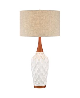 Mid Century Modern Table Lamp with USB Charging Port 30" Tall Ceramic Fabric Drum Shade for Living Room