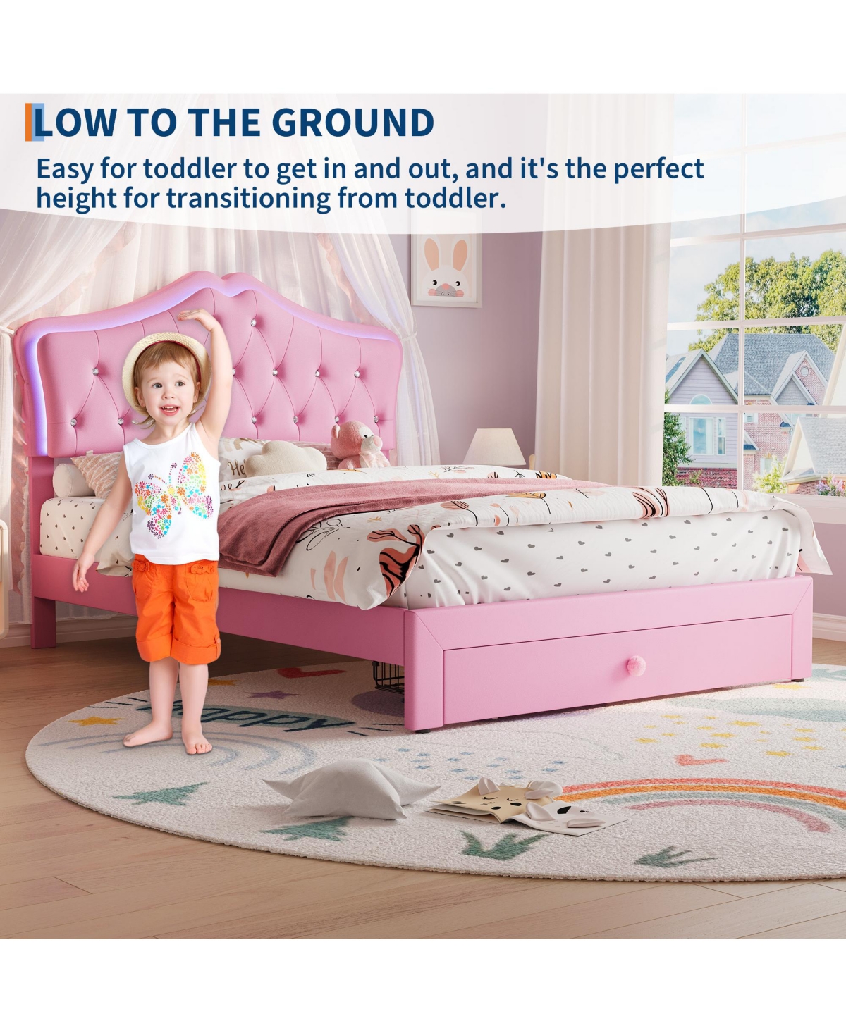 gaomon Upholstered Platform Bed Frame with Led Lights, Crystal Tufted Headboard, Storage Drawer, Noise-Free Slats