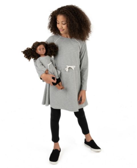 Платье Leveret Matching Girl & Doll Drawstring Cinch-Waist Long Sleeve Dress для девочек-малышей, цвет: Светлый серый