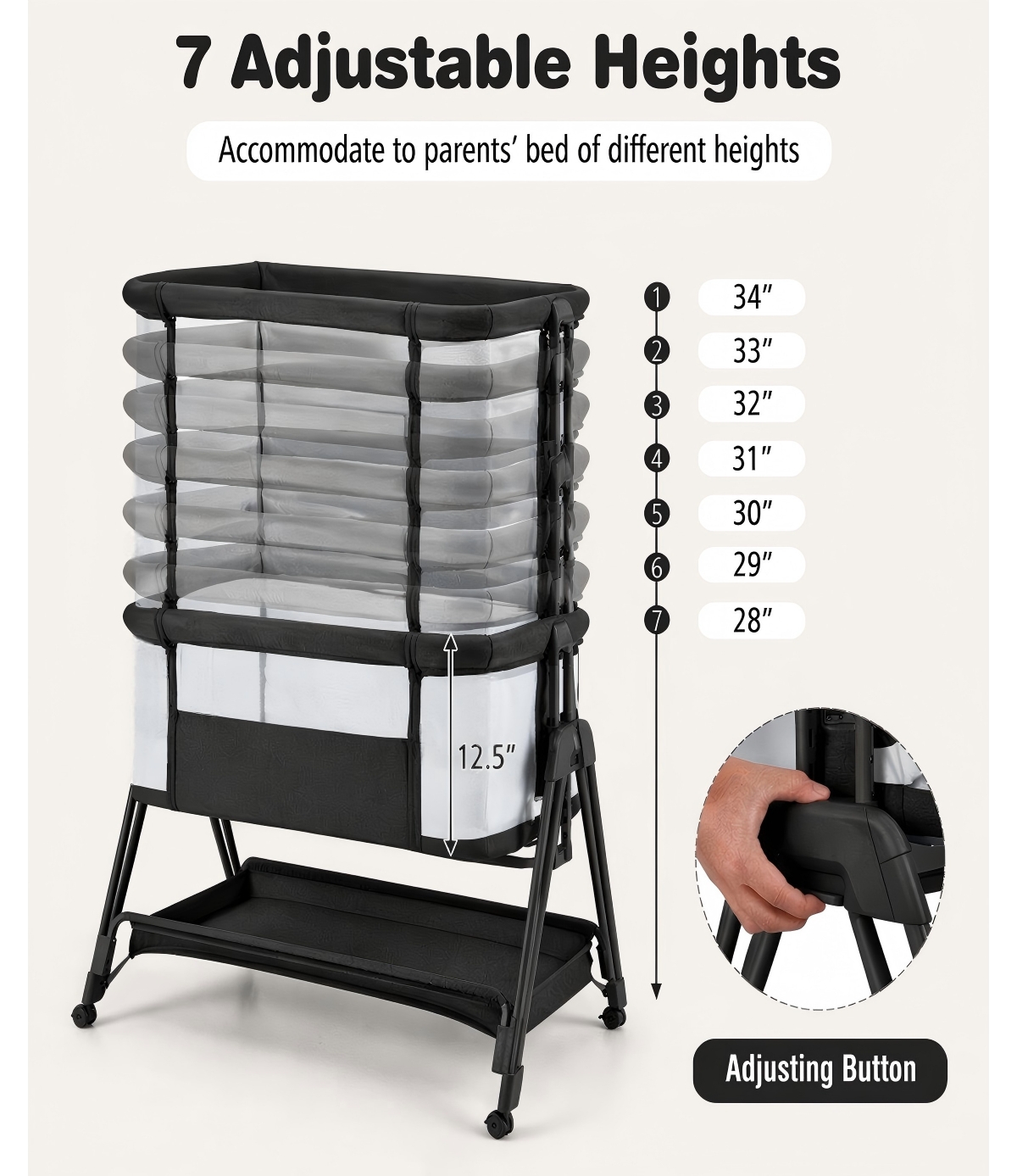 Gouun Portable Bedside Bassinet with 7 Adjustable Heights