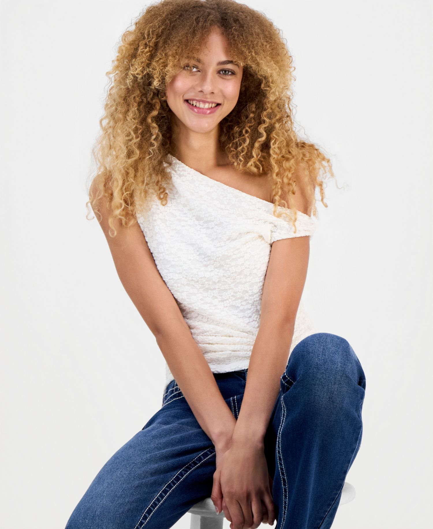 Juniors' Lace Knit Off-The-Shoulder Top