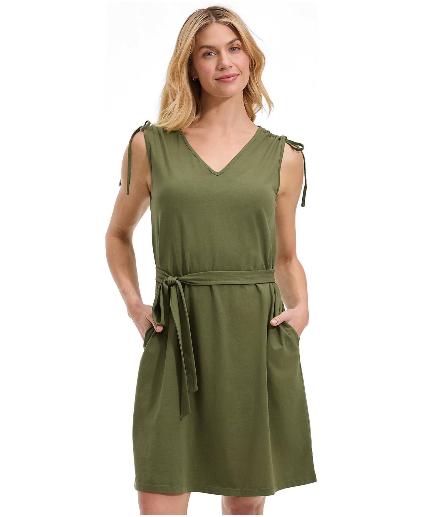 Женское платье Lands' End Cotton Jersey Shoulder Tie Belted Mini, цвет: Artichoke — фото 1