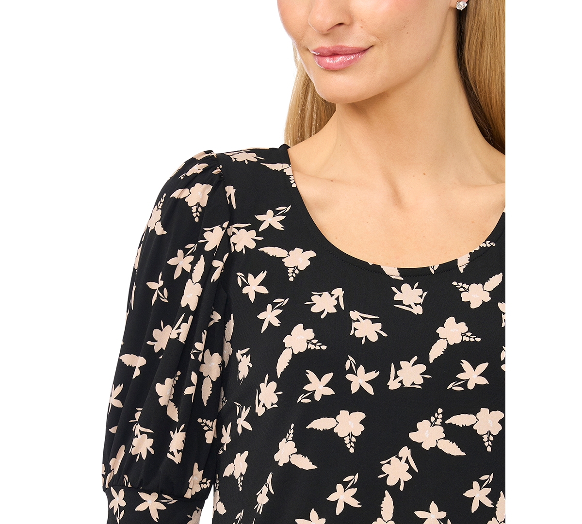CeCe Women's Printed Crewneck Shirred Top