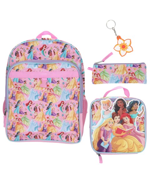 Детские Disney Princess Girls' All Over Print Backpack, Lunch Bag, Pencil Case and Key Chain, 4-Piece Set