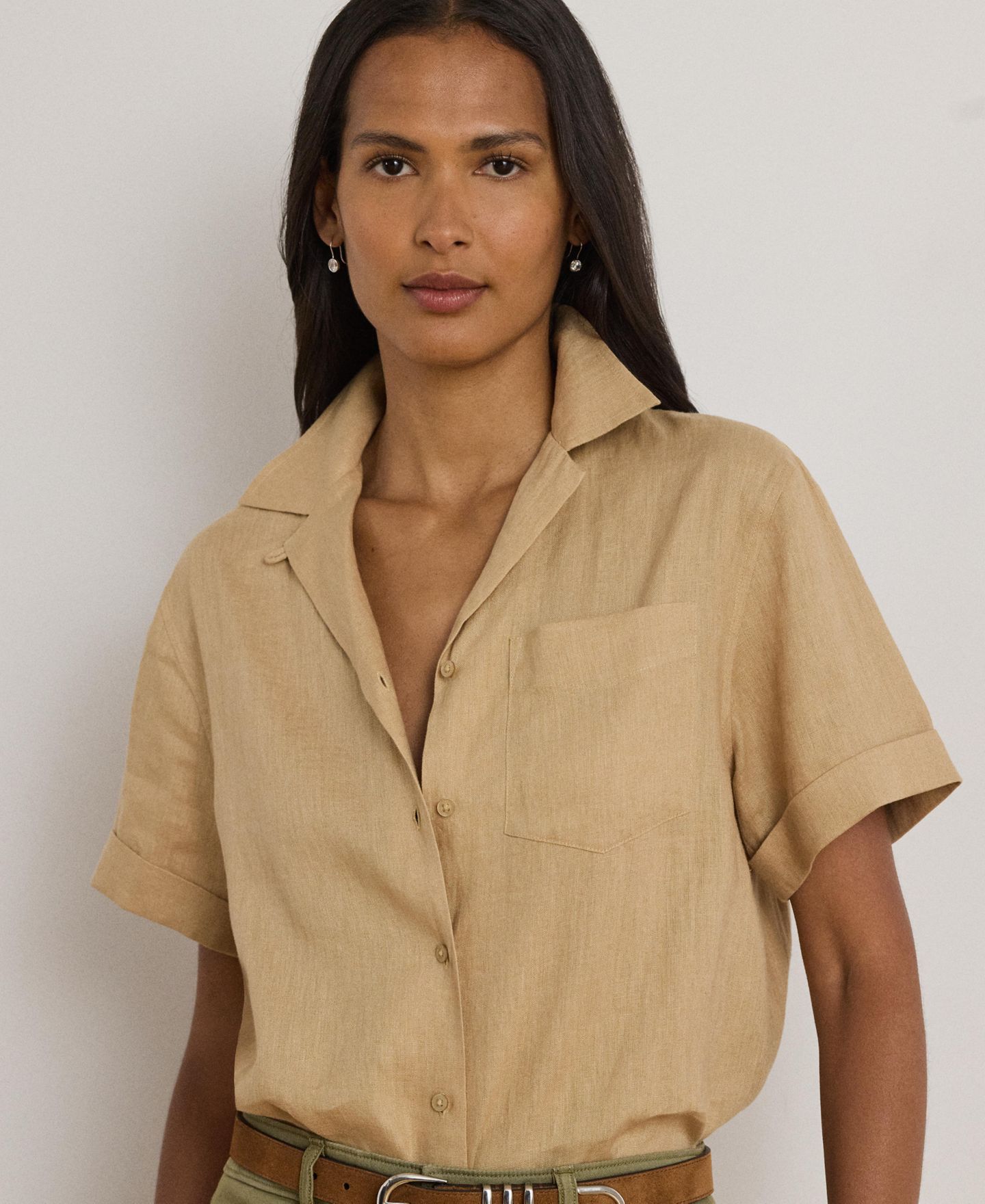 Женская рубашка Lauren Ralph Lauren Linen Short-Sleeve Camp, цвет: Берёзовый рыжевато-коричневый — фото 4