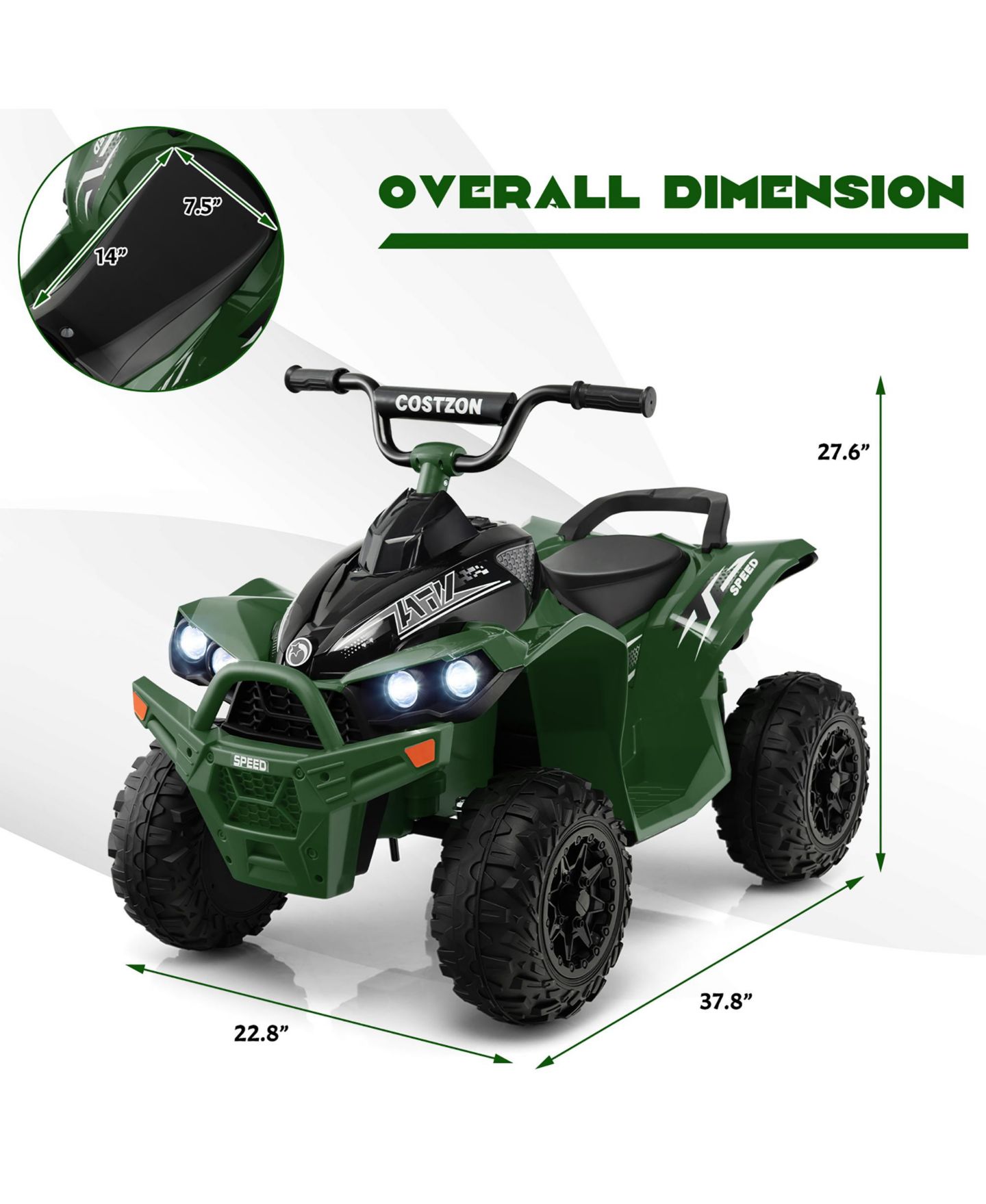 Детская игрушка Costway 12V Battery-Powered Electric 4-Wheeler Quad Ride-On ATV with MP3 & LED Headlights, 77 lbs, Ages 3-8, цвет: Зелёный — фото 10