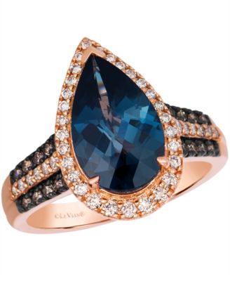Pear shape Deep Sea Blue Topaz (3-1/3 ct. t.w.), Nude Diamond (1/4 ct. t.w.) & Chocolate Diamond (1/5 ct. t.w.) Ring in 14k Strawberry Gold