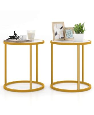 2 pieces Sintered Stone Top Round Side Table 16''x16'' End Table with Golden Metal Frame