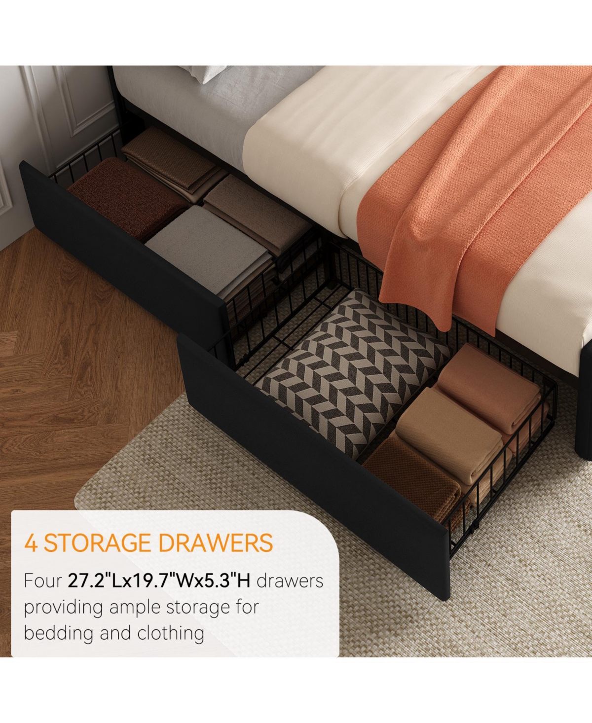 Homfan Upholstered Platform Bed Frame with 4 Storage Drawers, Button Tufted Headboard, Wooden Slats