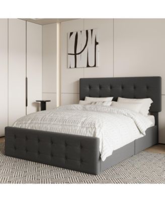 Upholstered Platform Bed Frame with 4 Storage Drawers, Button Tufted Headboard, Wooden Slats, No Box Spring