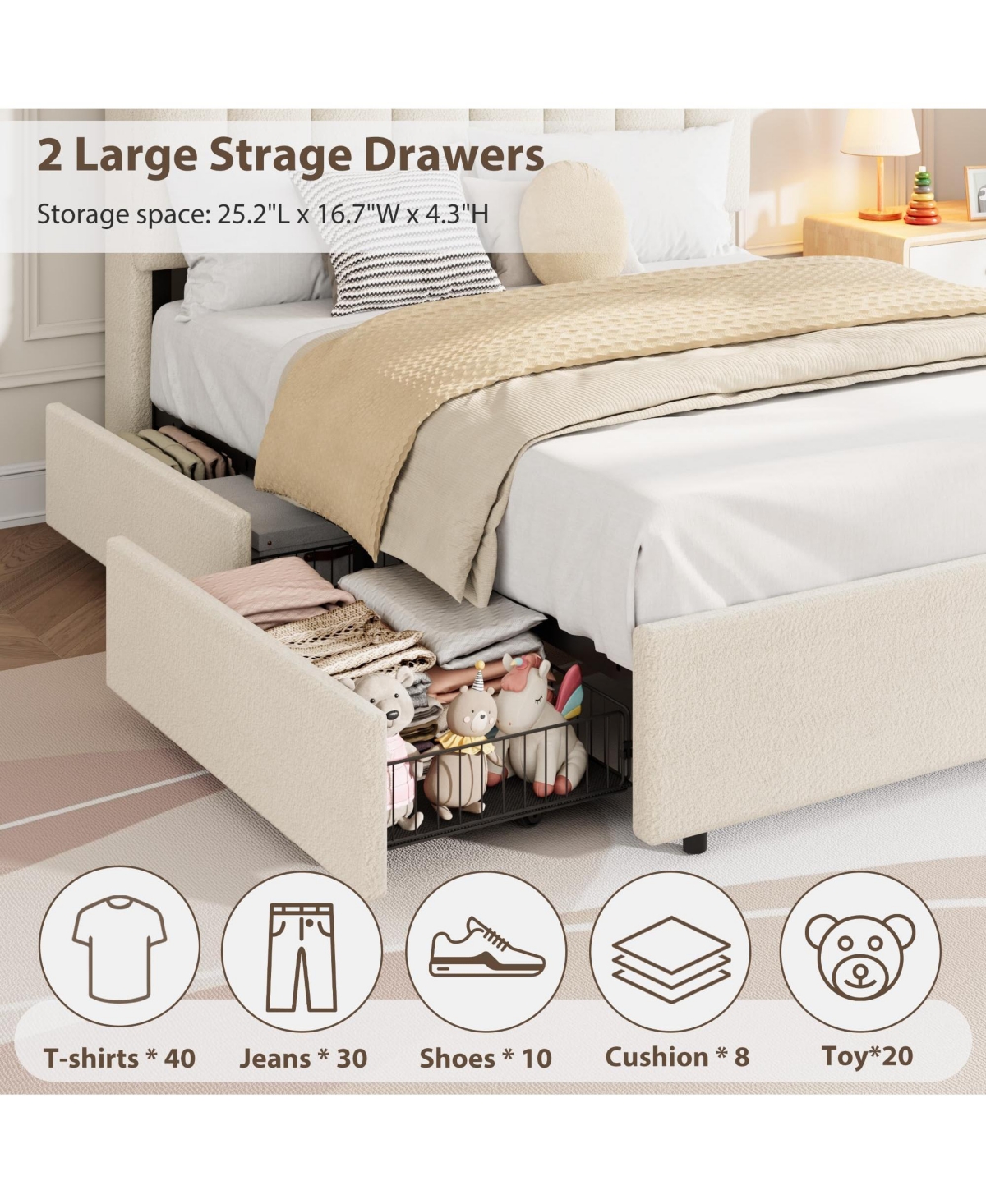 homfan Upholstered Platform Bed Frame with Led Storage Headboard and 2 Drawers