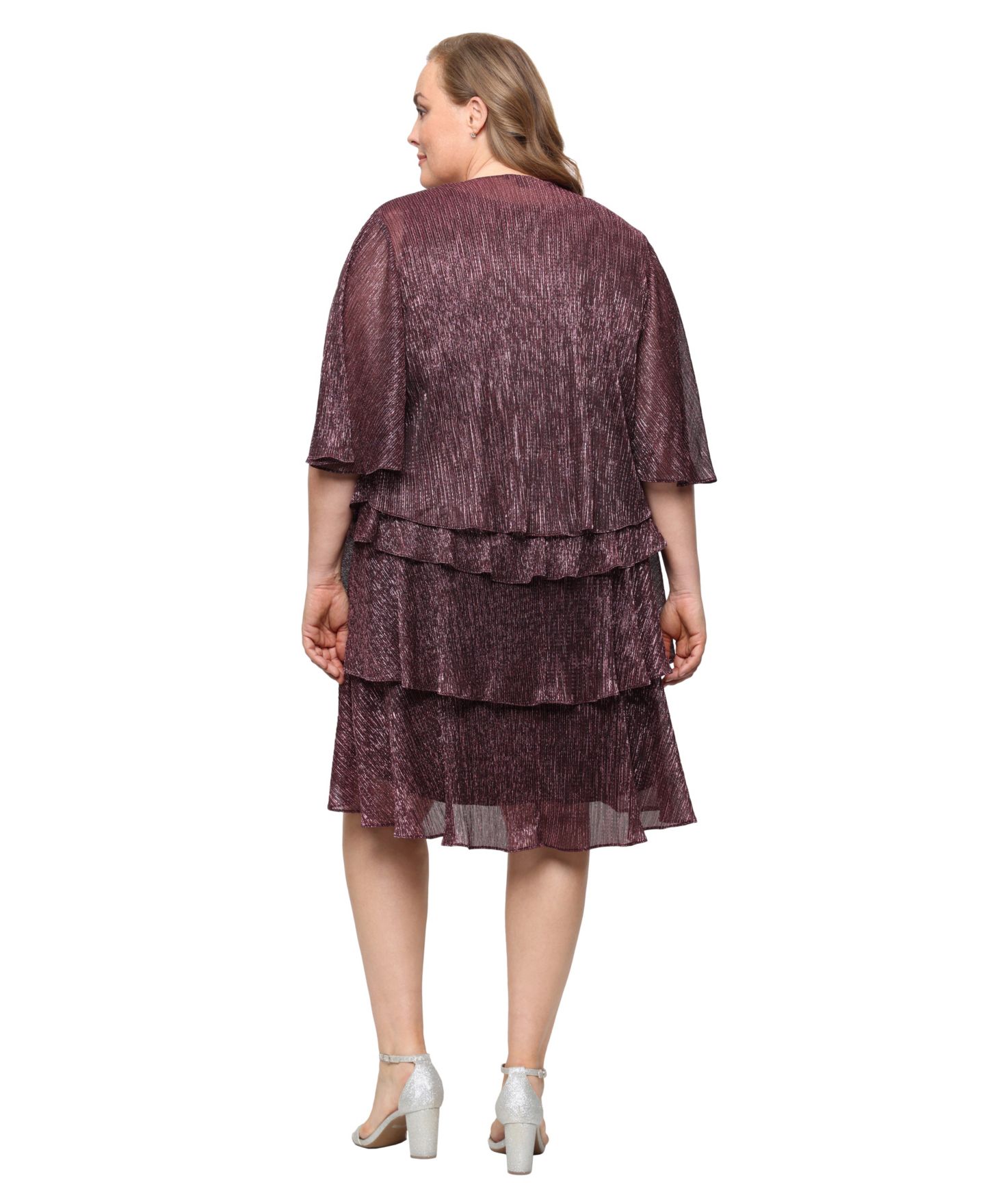 Женские платья SL Fashions Plus Size 2-Piece. Metallic Tiered Dress & Jacket Set, цвет: Ягодный — фото 4
