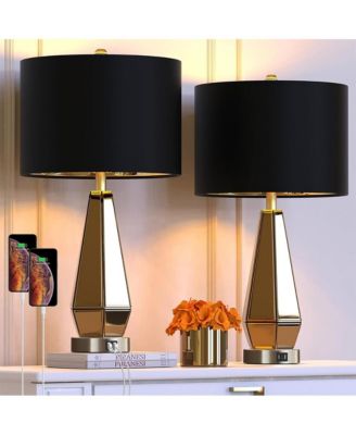 26.5-inch Set of 2 Mirrored Glass Bedside Table Lamps with 2 USB Ports for Bedrooms Modern Amber Side Nightstand Lamps