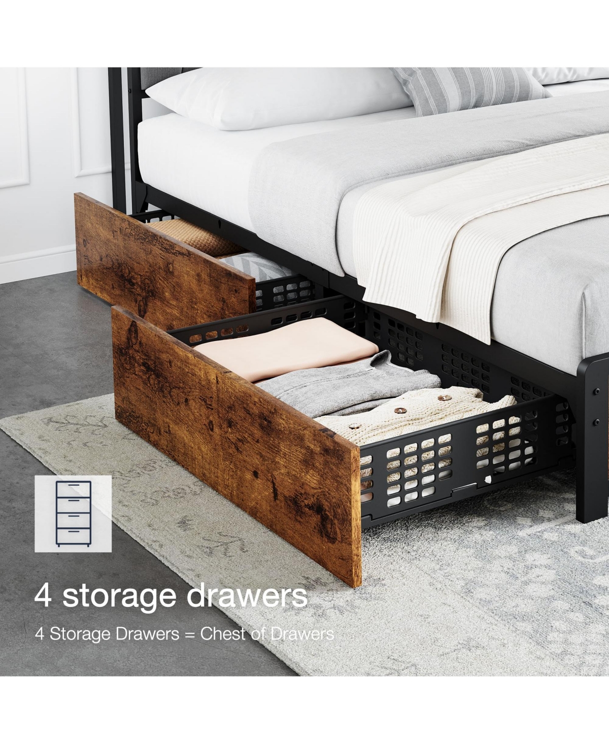 gaomon Queen Size Bed Frame with Storage Linen Upholstered Headboard, 4 Drawers Platform Bed Frame