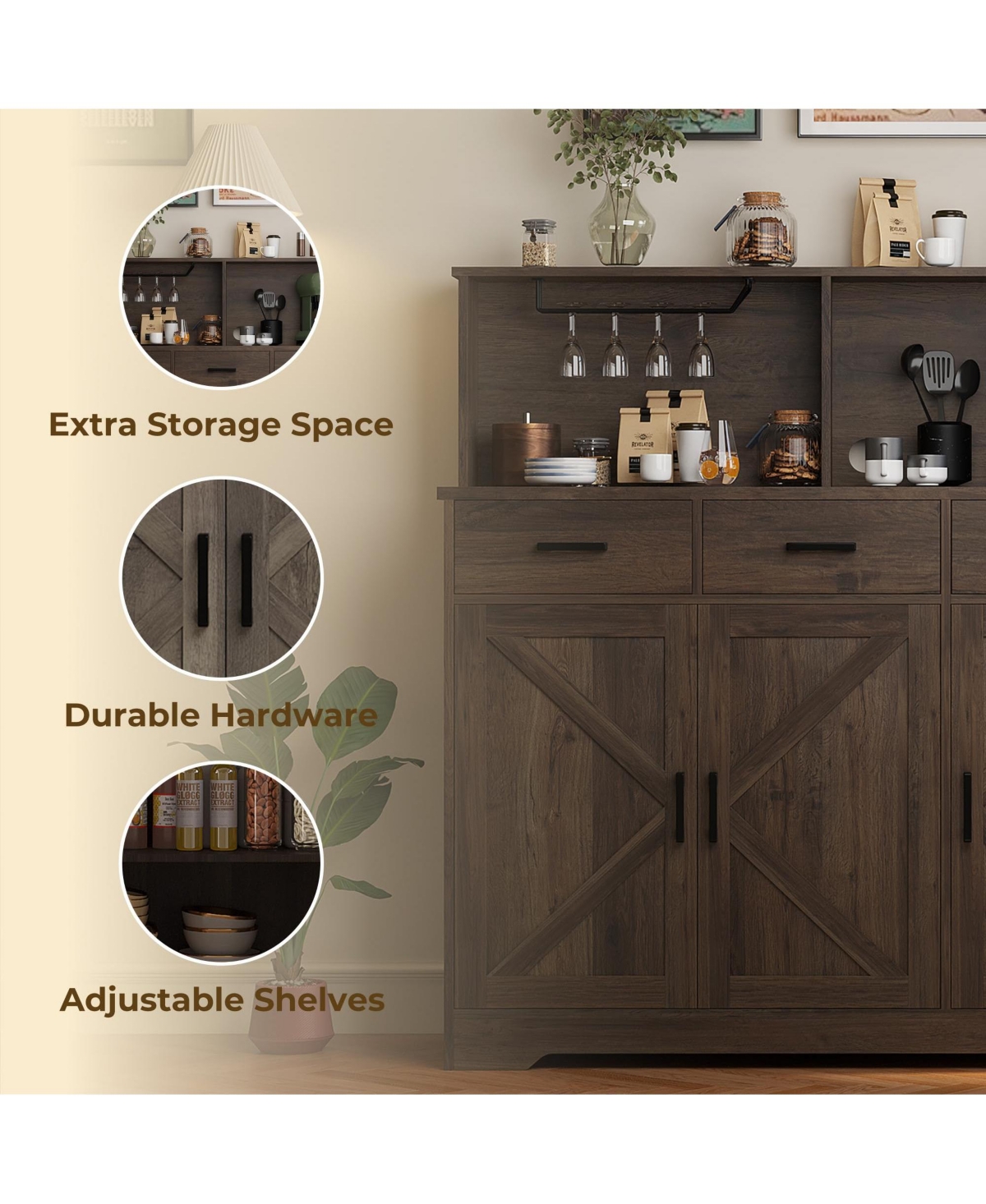 gaomon Farmhouse Sideboard Buffet Cabinet with Microwave Stand, Barn Doors Storage Drawers and Shelves