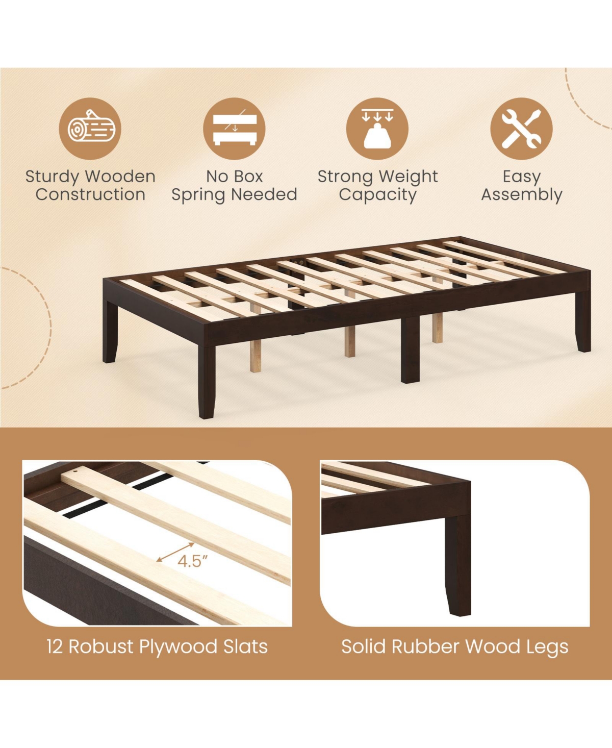 Sugift Twin Wood Platform Bed Frame with Wooden Slats Support