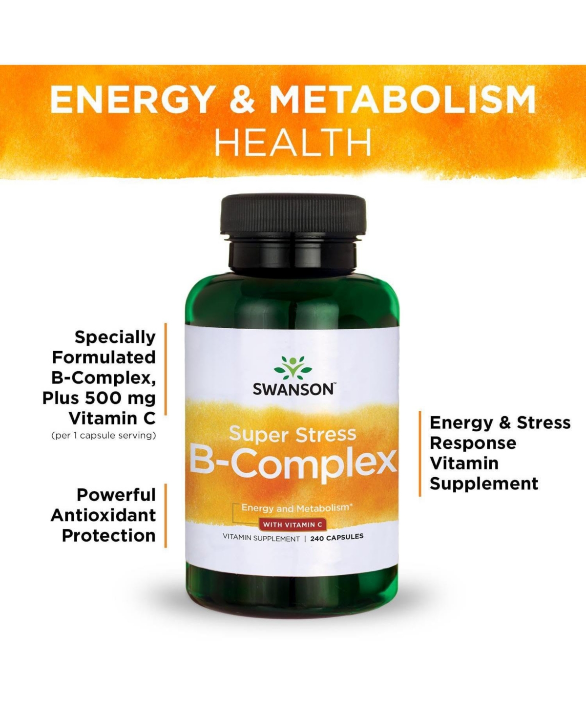 Swanson Super Stress B Complex Vitamin Supplement Formula for Healthy Energy Levels 240 Capsules