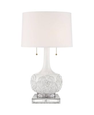 Natalia Modern Country Cottage Table Lamp with Square Riser 28.5 Inches Tall Ceramic Drum Shade for Bedroom Living Room