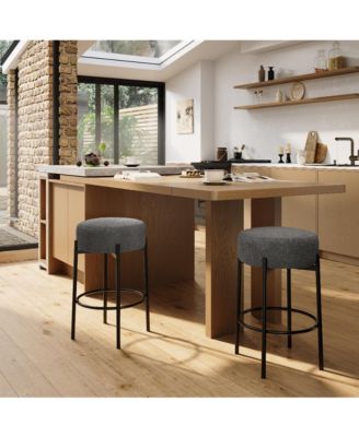 2PCS 24 Inch Round Backless Counter Bar Stools, Sherpa Upholstered Chairs with Footrest for Kitchen Island Cafe Home Bar