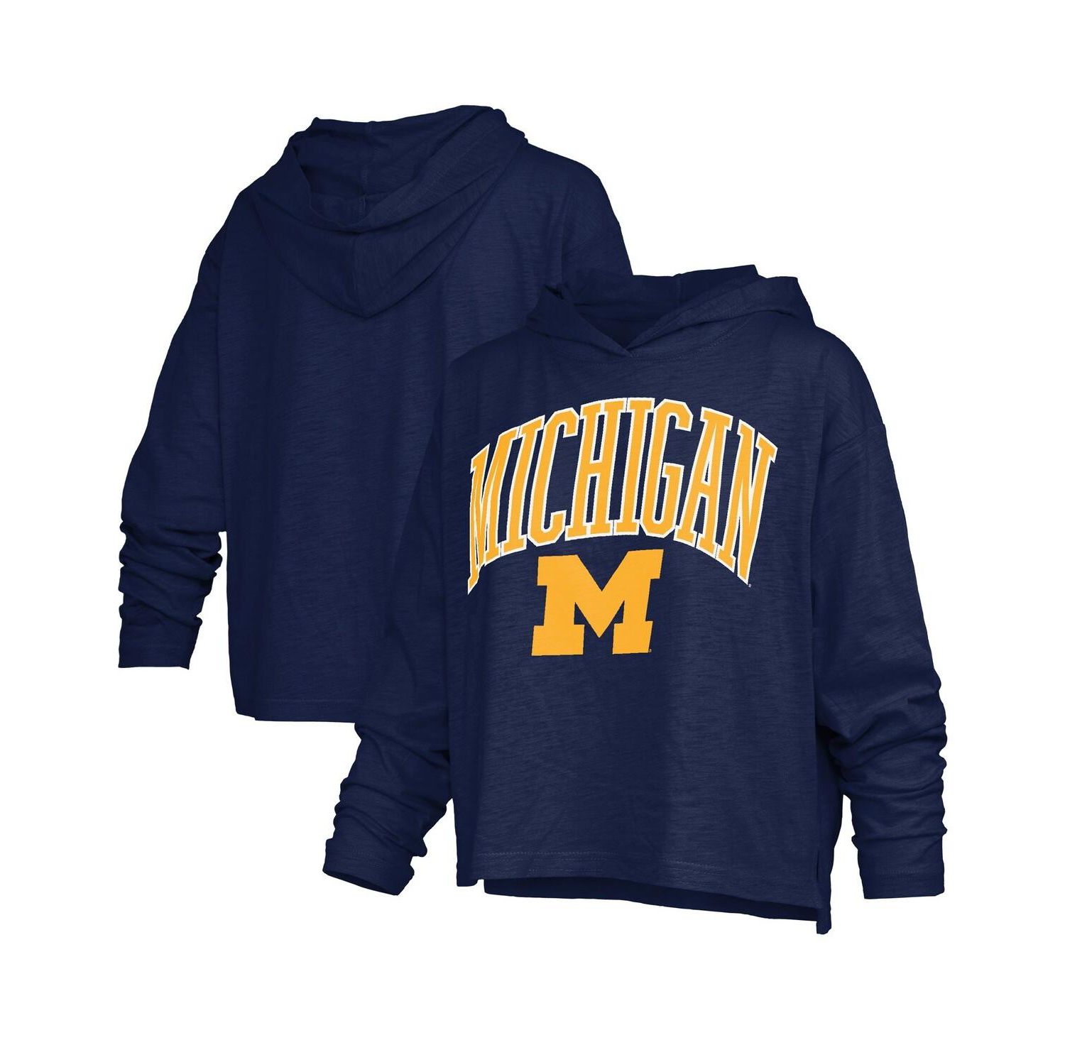 Women's Navy Michigan Wolverines Nelson Arch Over Logo Long Sleeve Hooded Slub T-Shirt