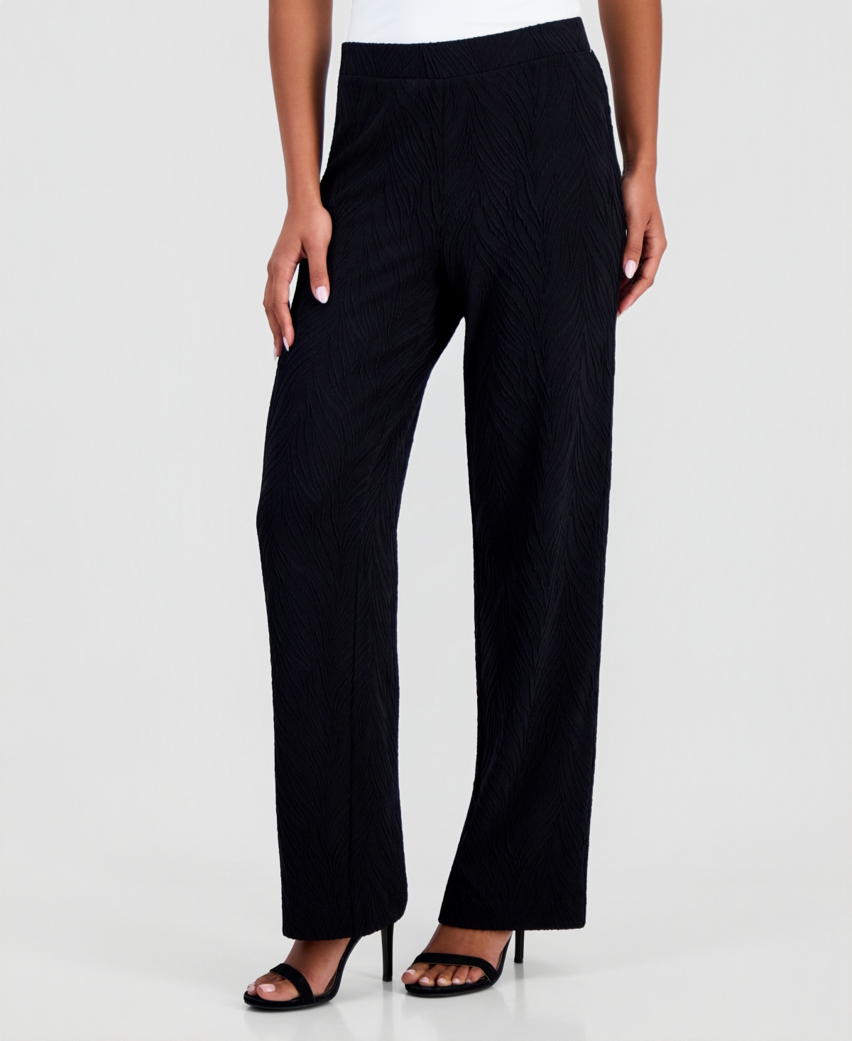 Anne Klein Petite Textured Knit Mid-Rise Wide-Leg Pants