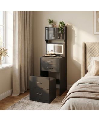 3-in-1 Vanity Desk with 3-Color LED Mirror and Hidden Chair - Small Makeup Table with 2 AC Outlets, Acrylic Doors and Jewelry Box