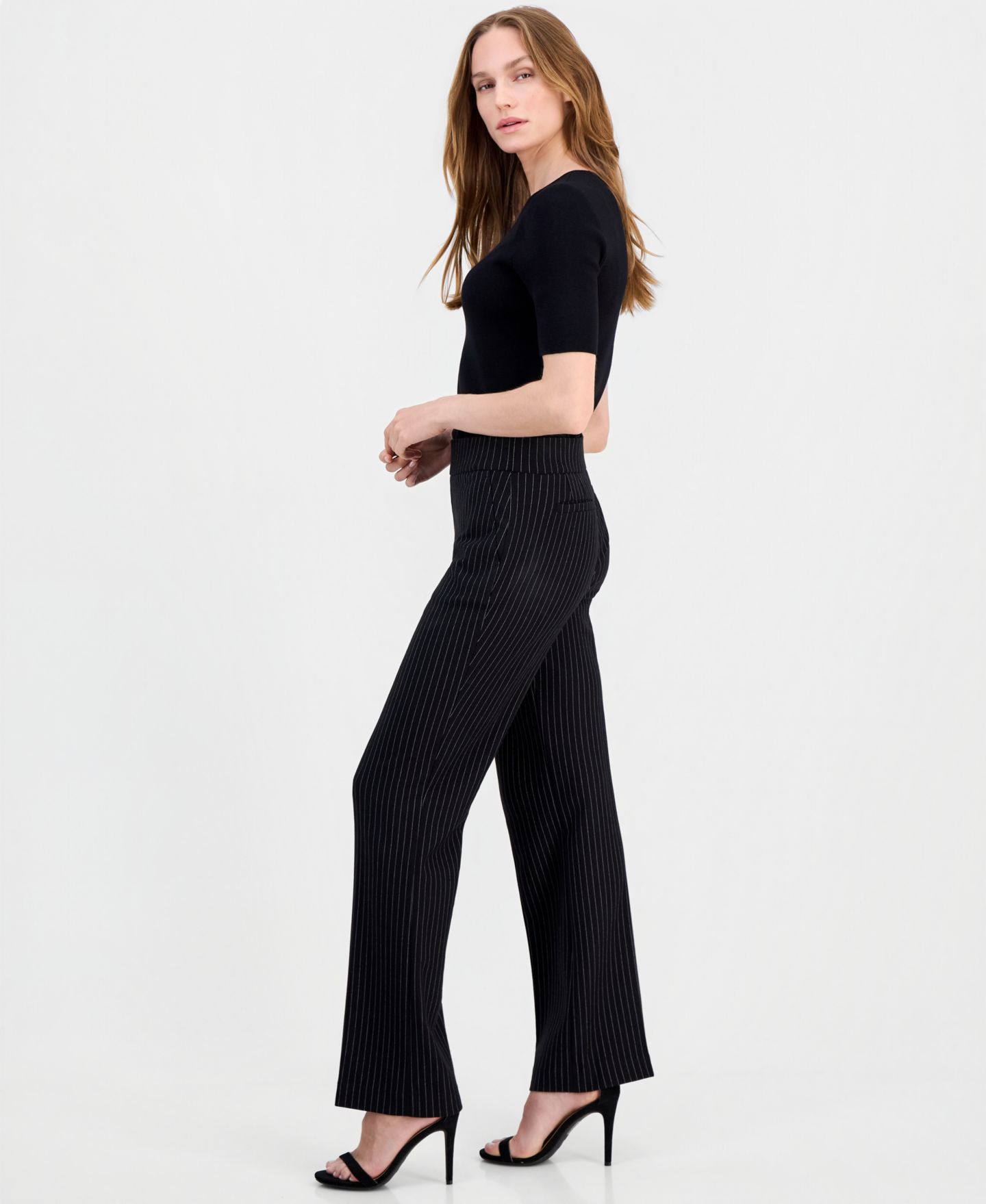 Женские брюки Anne Klein Pinstriped Mid Rise Pull-On, цвет: Чёрный / Белый — фото 3