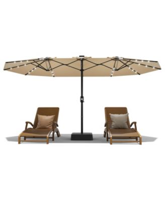15Feet Double-Sided Patio Umbrella With Solar LED Lights And Base, UV Waterproof Canopy, 12 Ribs, Double-Layer Fabric, Heavy Frame